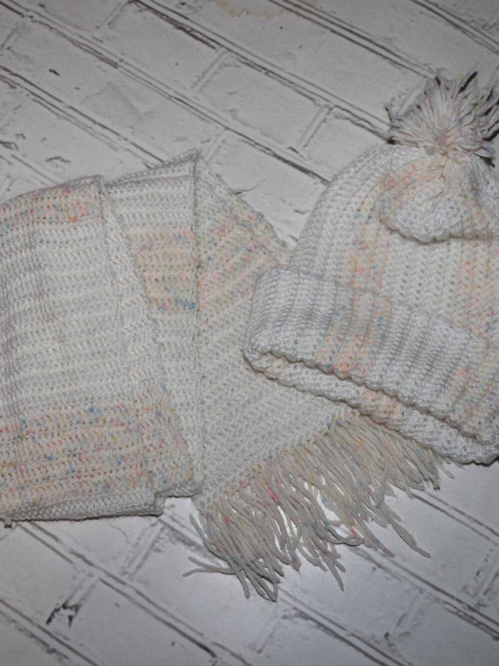 🤍 Handmade Hat & Scarf Set · White w/ Colorful Speckles · 60" Scarf